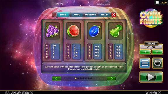 Opal Fruits Slot Paytable